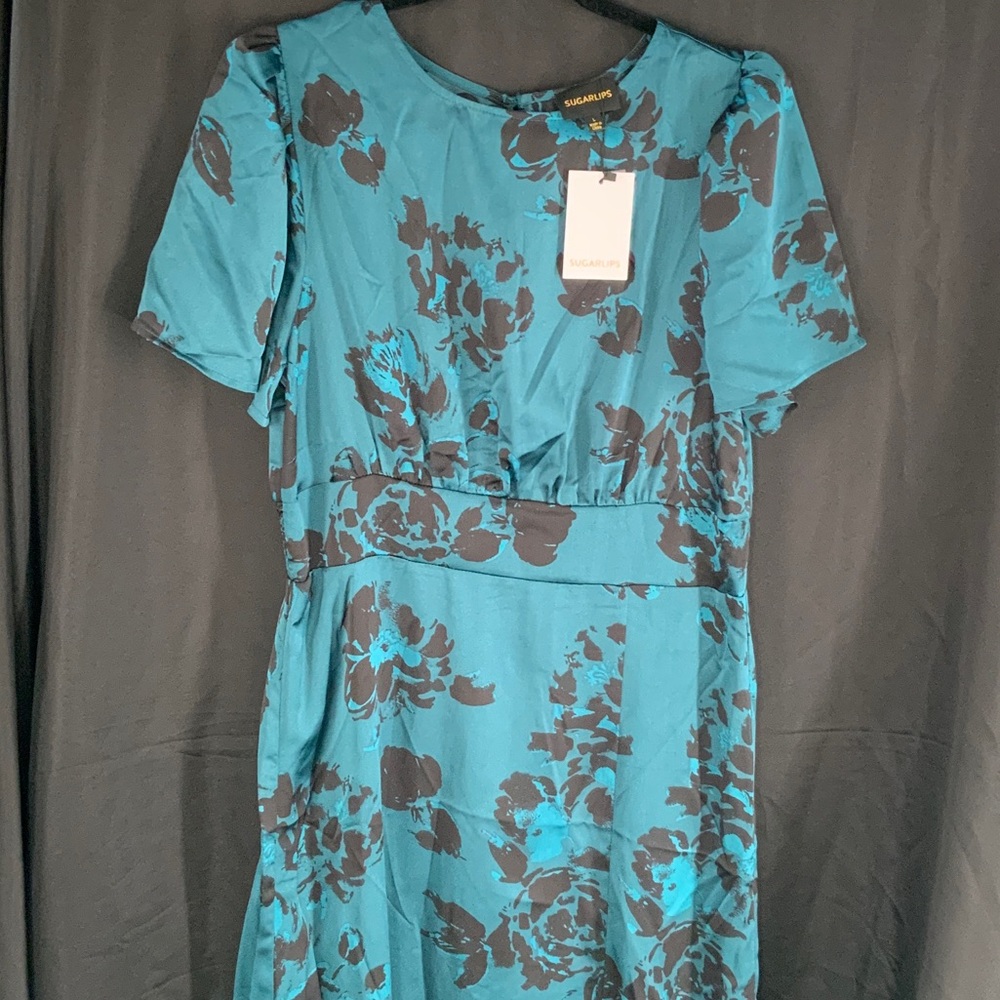 Sugar lips Teal and Black Floral Midi Dress